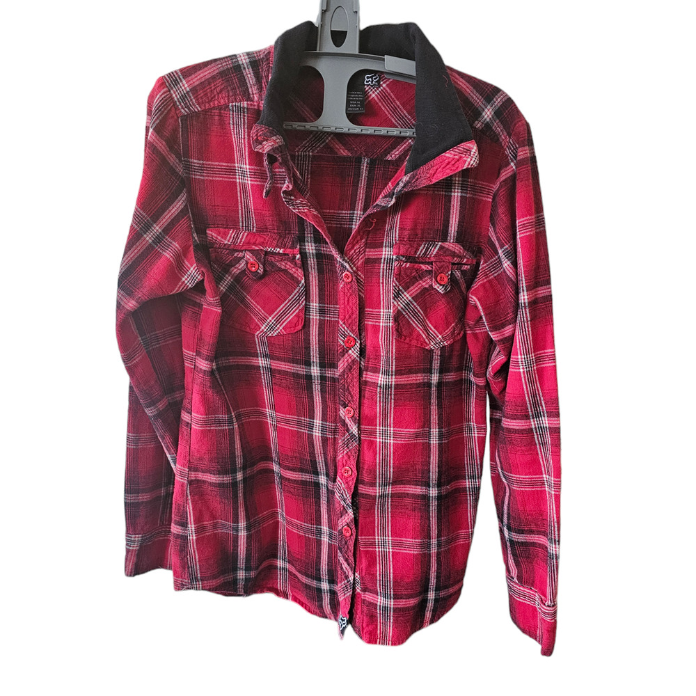 Fox Vintage Plaid Button Up Velvet Collar Flannel Shirt Girls S XL